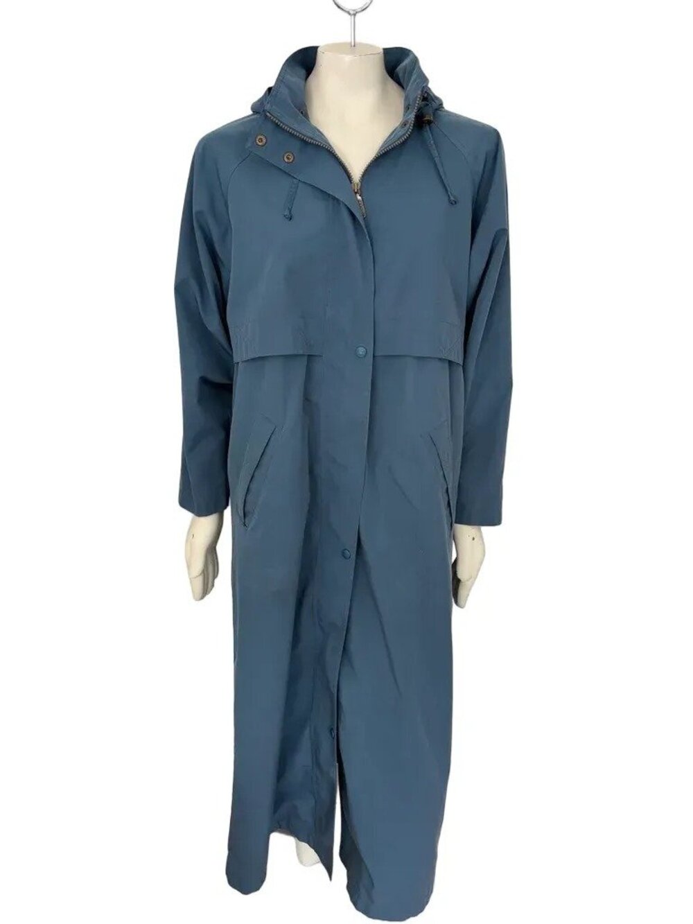 VTG 90s L.L. BEAN Full Length Hooded Rain Trench Coat in Slate Blue SZ M